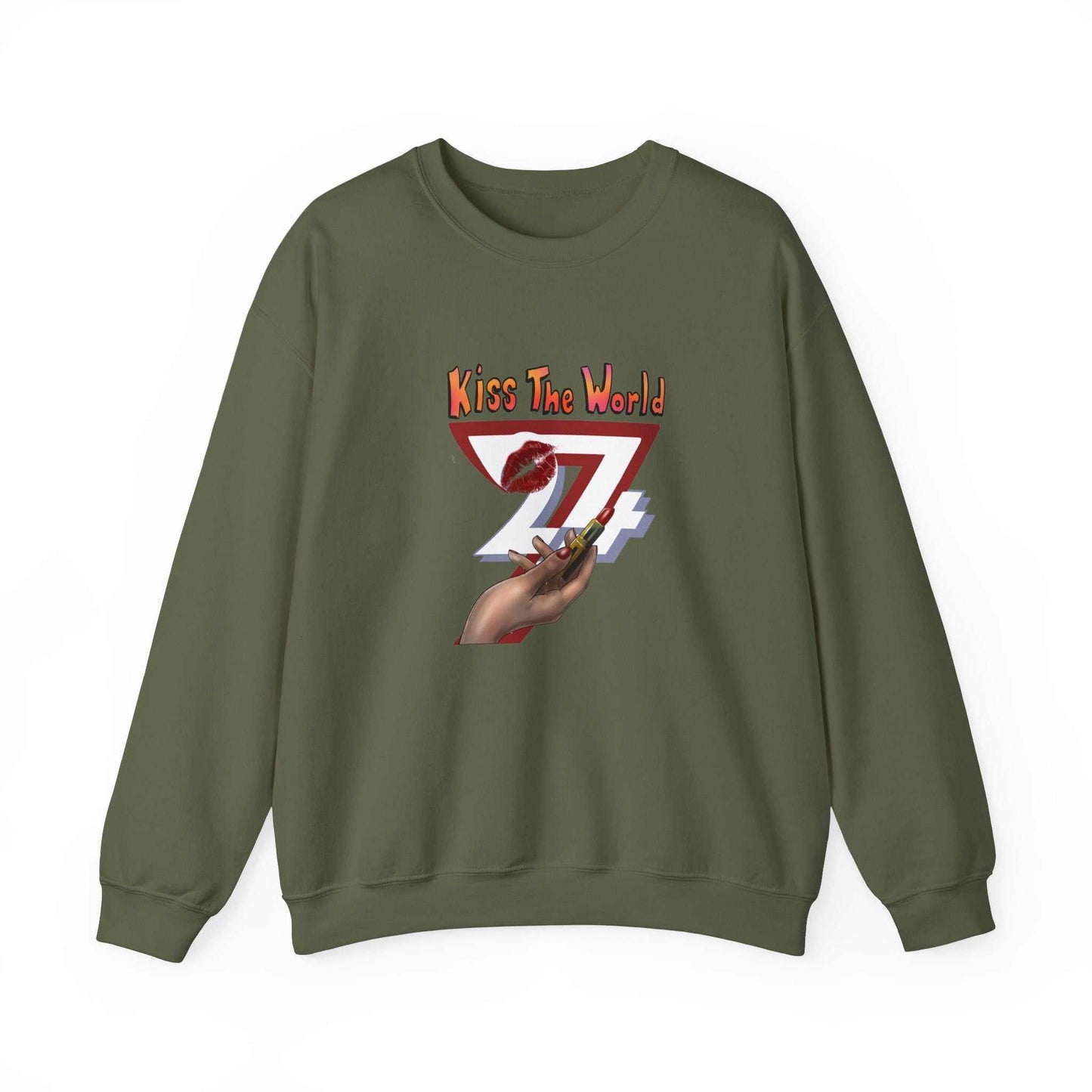 Unique Design Kiss The World Heavy Blend™ Crewneck Sweatshirt military green