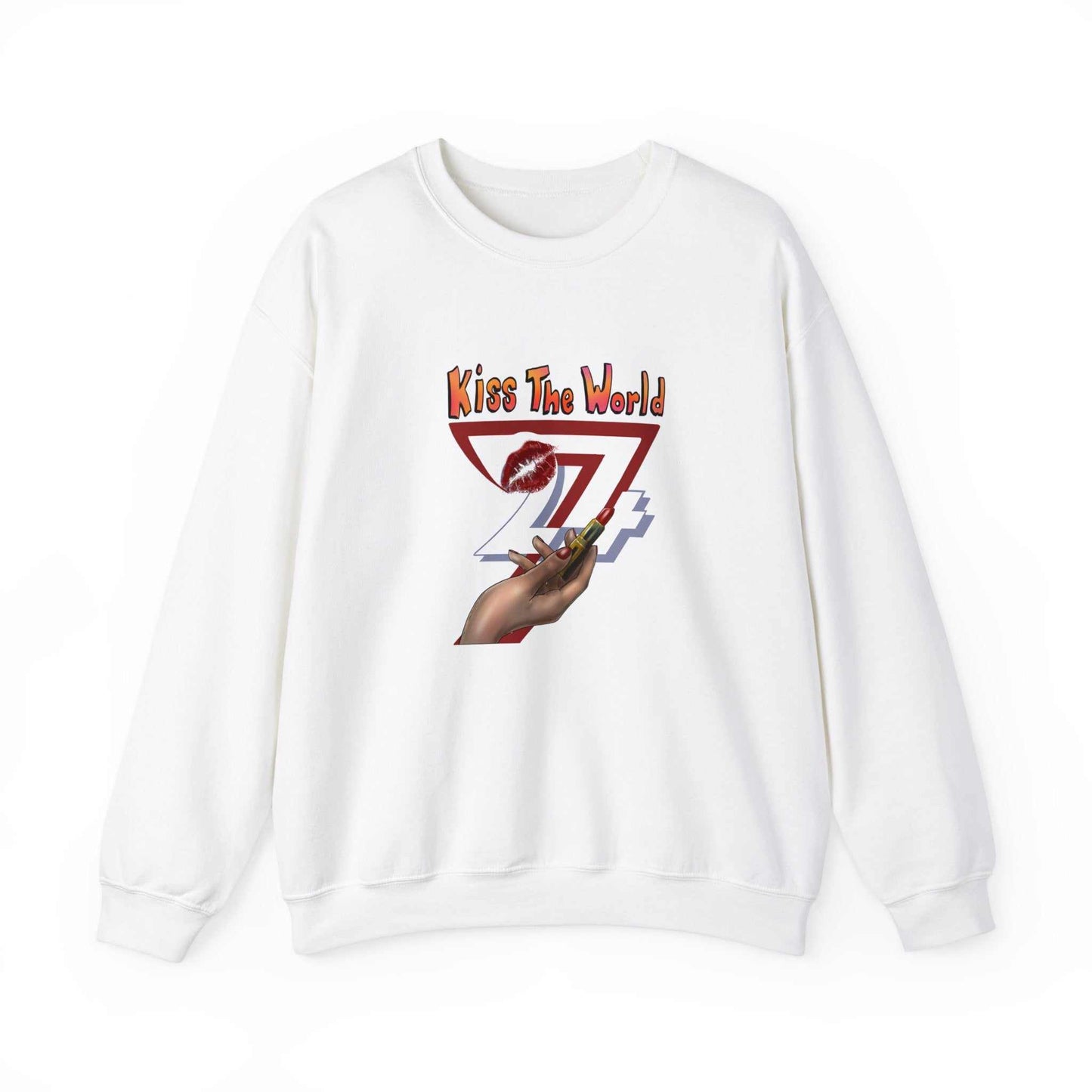 Unique Design Kiss The World Heavy Blend™ Crewneck Sweatshirt white