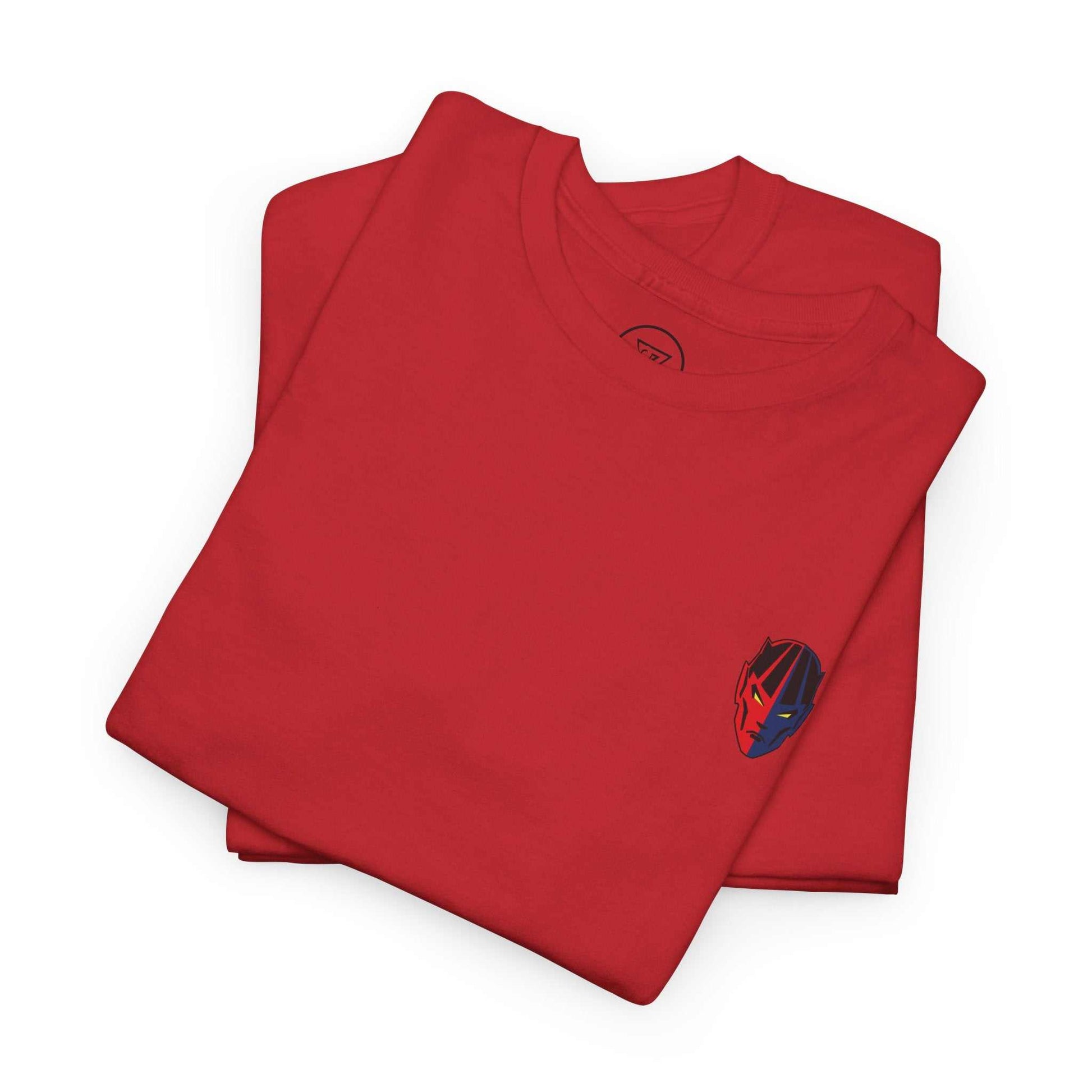Red gym t-shirt with small multicolor superhero face logo on chest, folded on white background