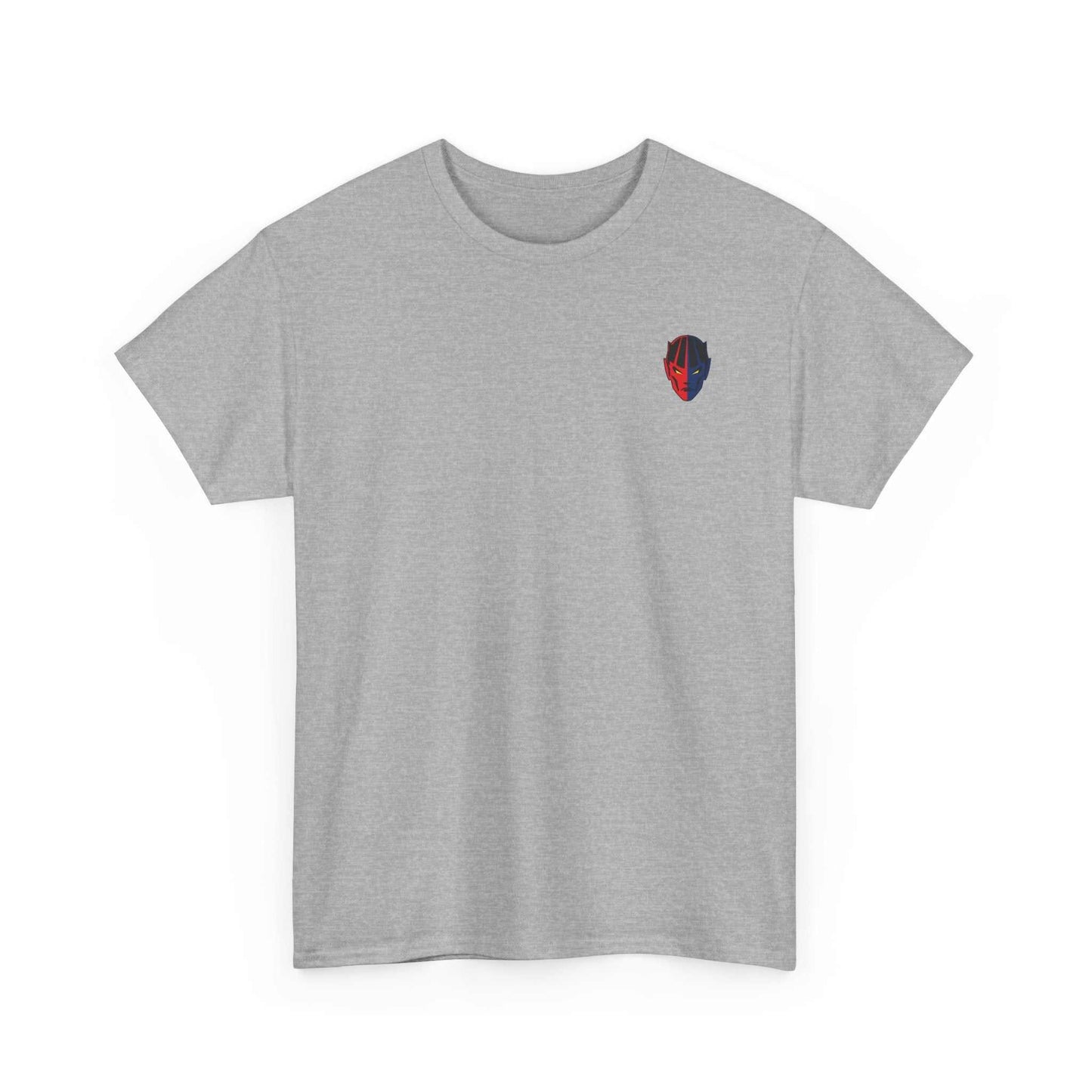 gray gym t-shirt with small red and blue logo on chest, classic fit, crew neckline, made of 100% cotton