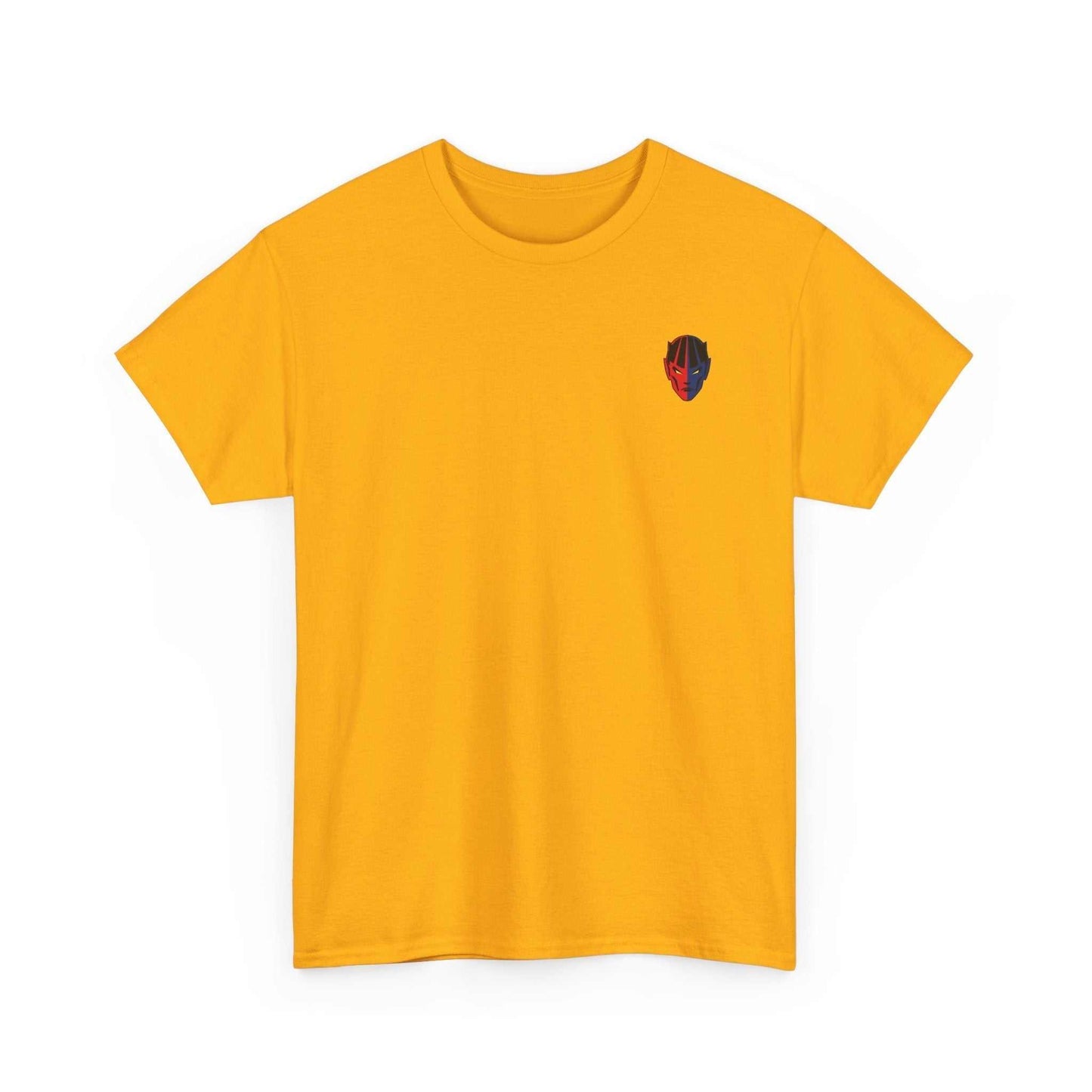 yellow gym t-shirt with small black and red superhero mask design on chest, comfortable cotton workout tee