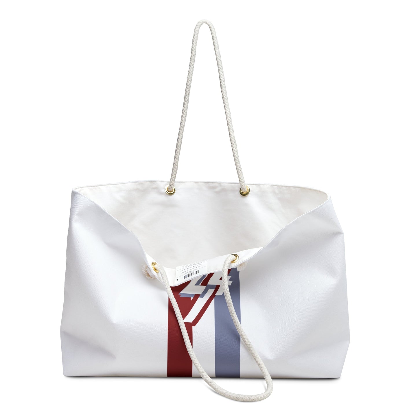 Stylish Weekender Bag with modern graphic design, white polyester, rope handles, spacious interior, perfect for travel and beach trips