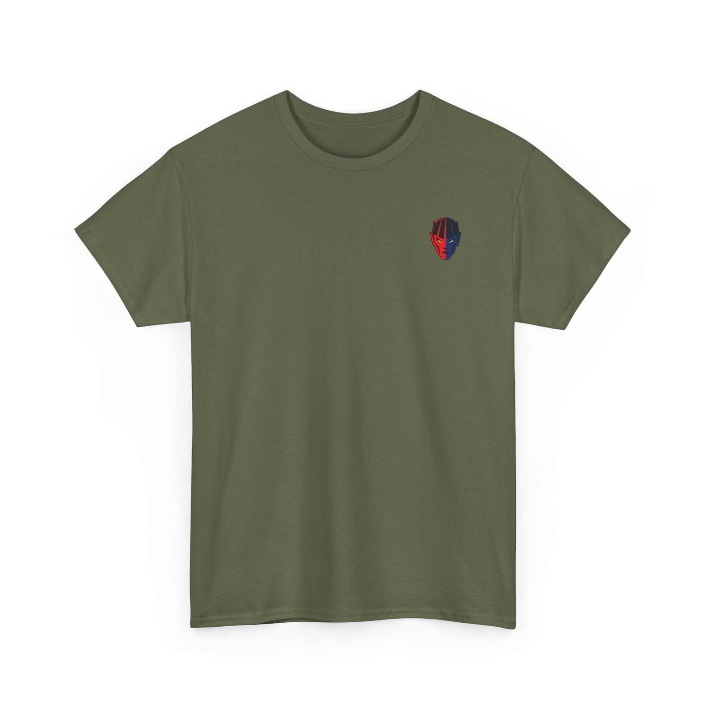 olive green gym t-shirt with small logo on chest and unique superhero design on back, made from 100% cotton for workout comfort and durability
