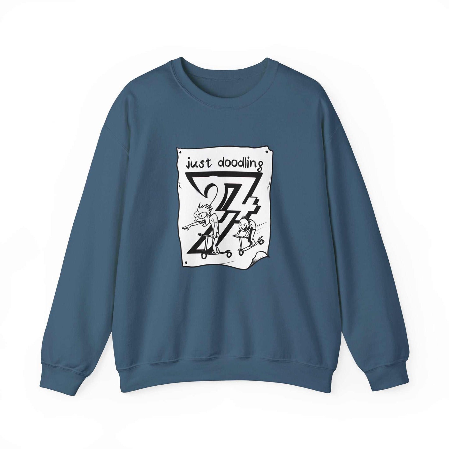 Unique Design Just Doodling Scooter Kids Heavy Blend™ Crewneck Sweatshirt indigo blue