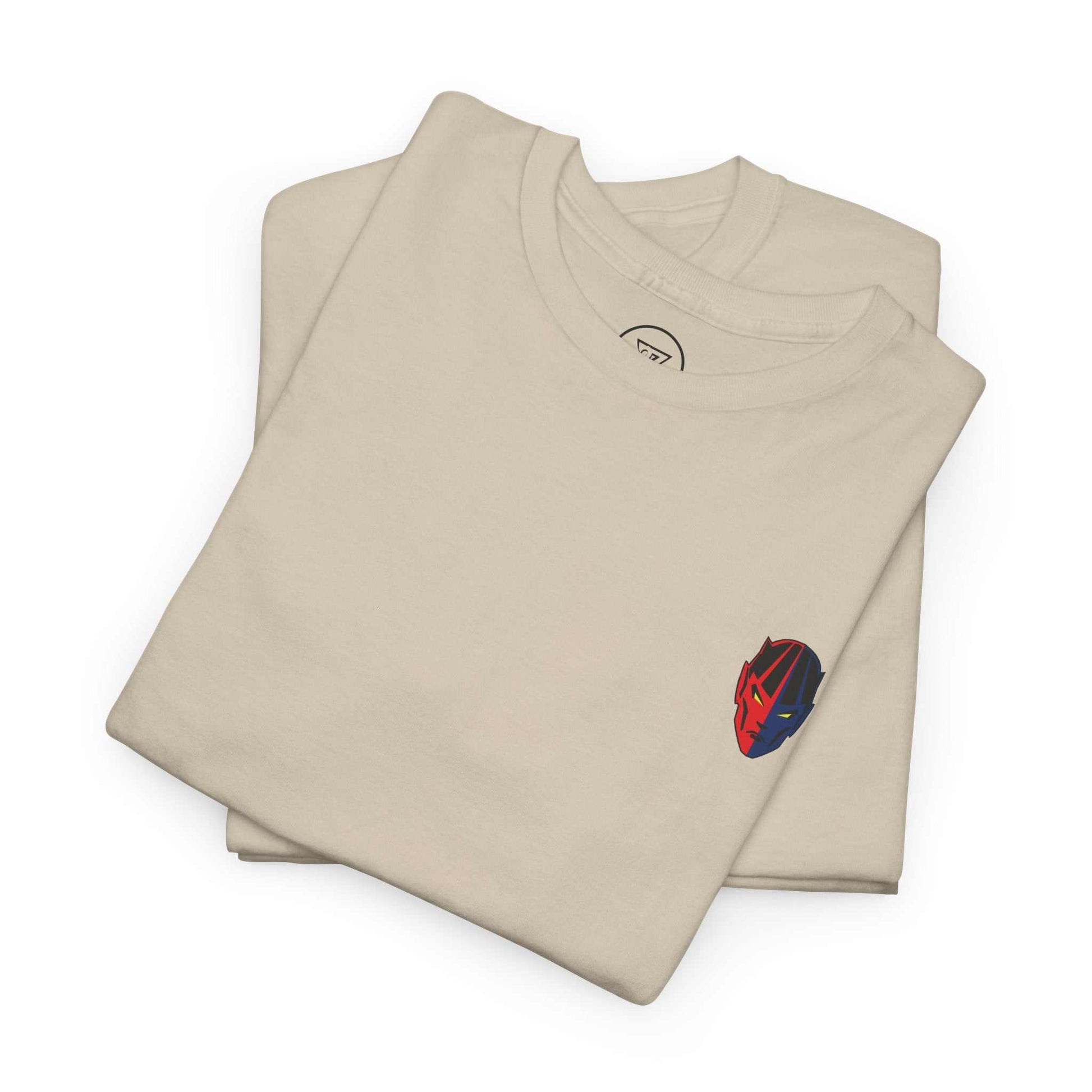 beige gym t-shirt with small red and blue superhero mask logo on chest, folded, made of 100% cotton, comfortable workout tee