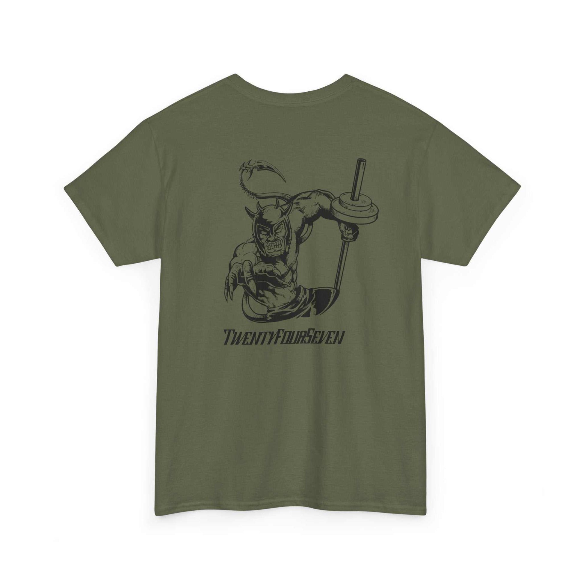 Olive green gym t-shirt with black dynamic superhero Dablo design and "TwentyFourSeven" text on back