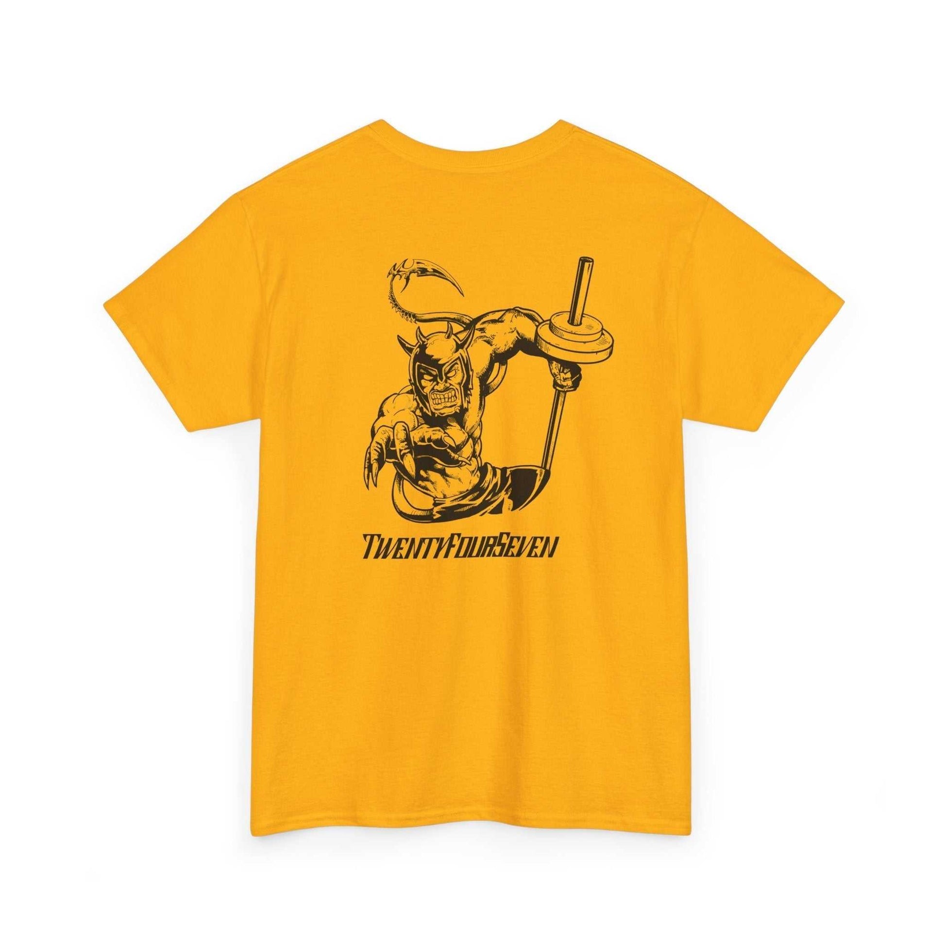 Yellow gym t-shirt with unique black Dablo superhero design and "TwentyFourSeven" text on back