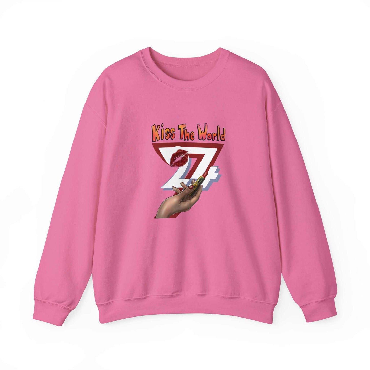Unique Design Kiss The World Heavy Blend™ Crewneck Sweatshirt safety pink