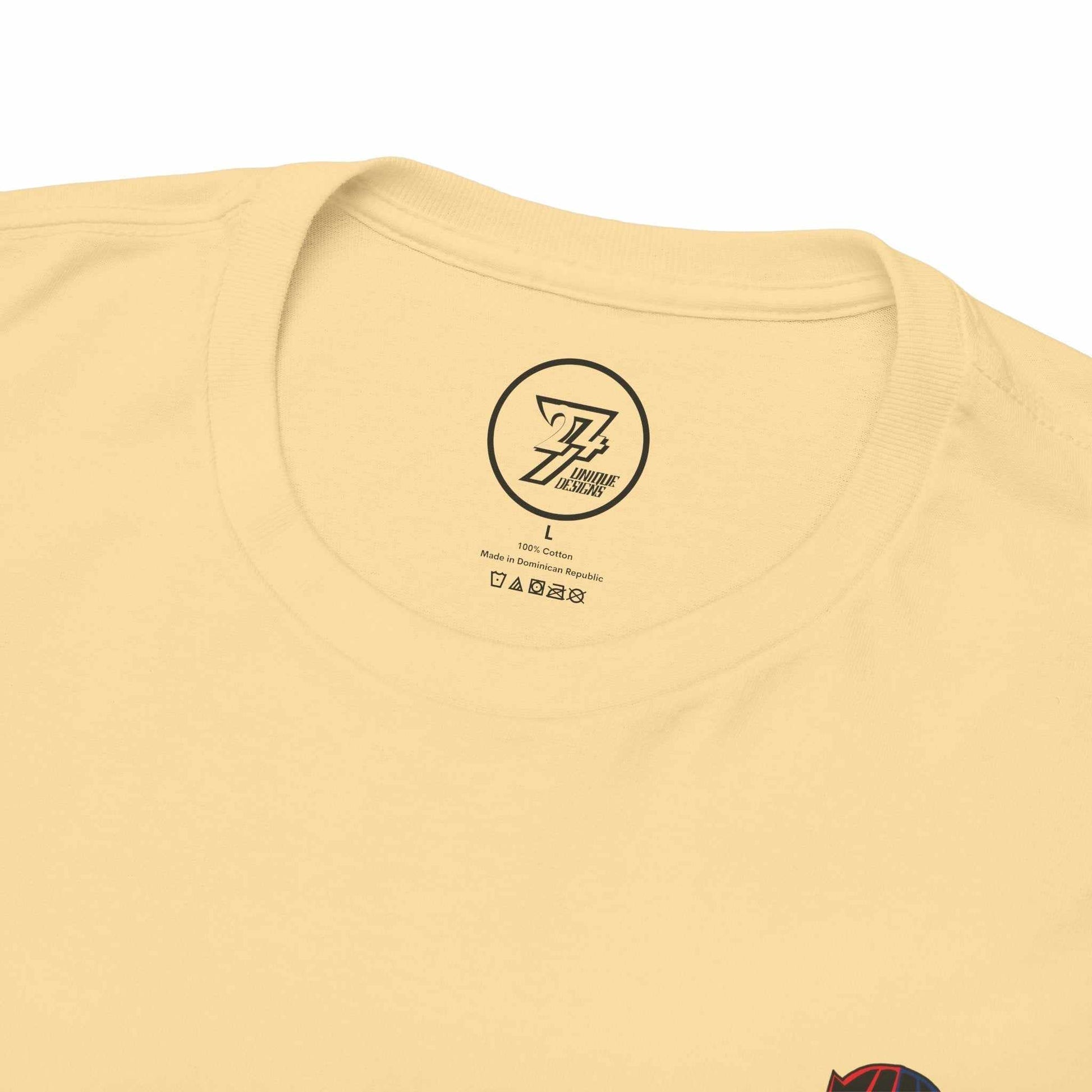 Light yellow gym t-shirt with crew neckline and inner printed label, made of 100% cotton for comfortable workouts