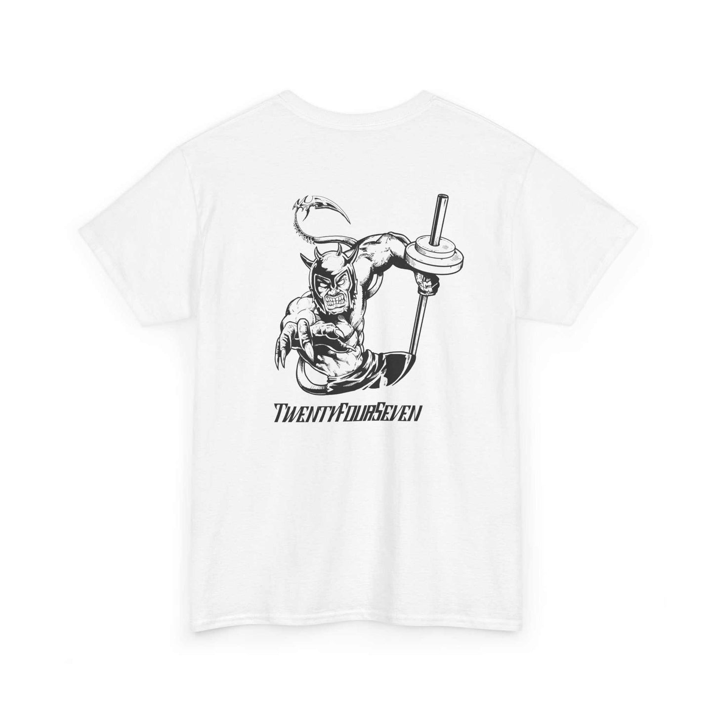 white gym t-shirt with black superhero fantasy design and "TWENTYFOURSEVEN" text on the back