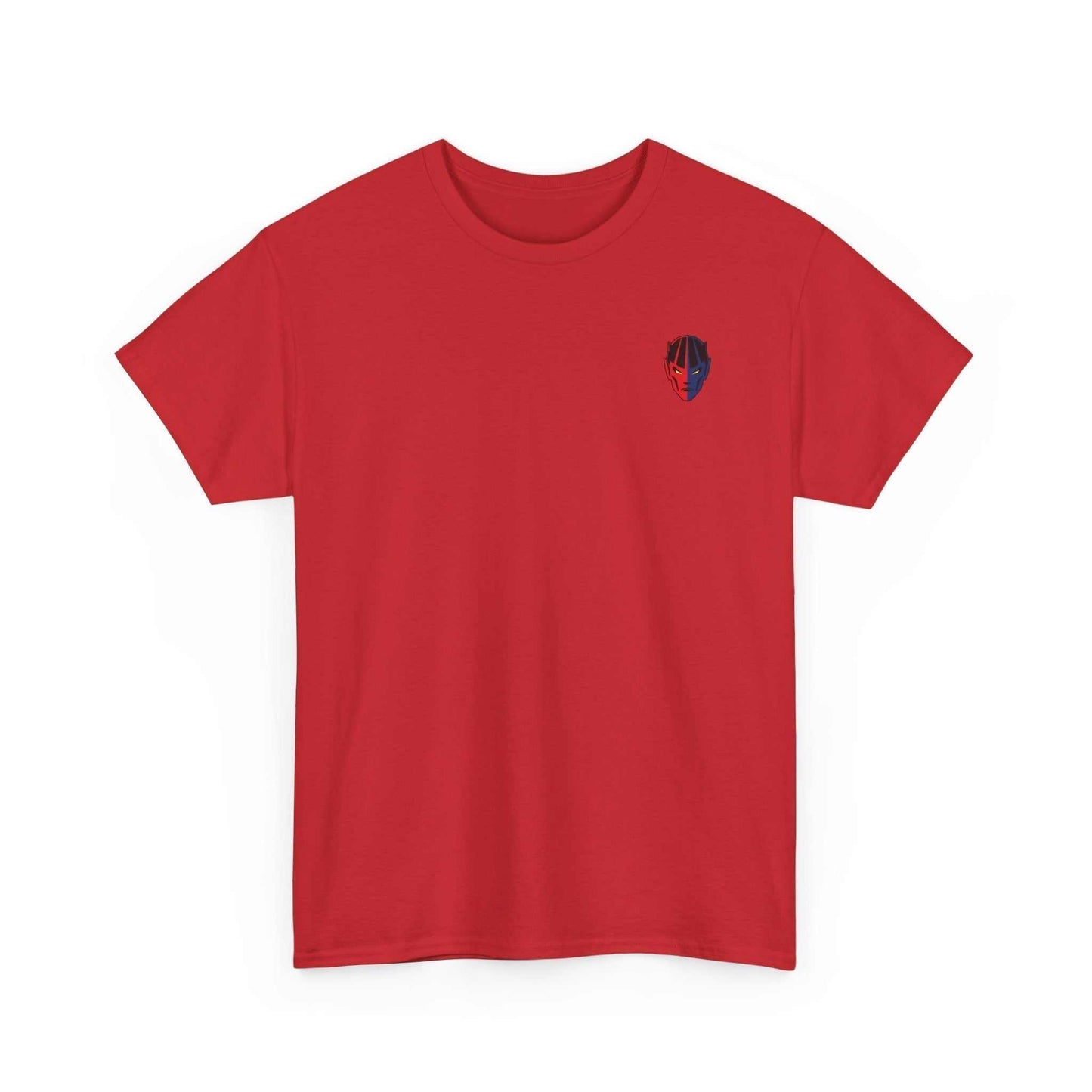 Red gym t-shirt with small superhero mask graphic on front, comfortable cotton workout tee