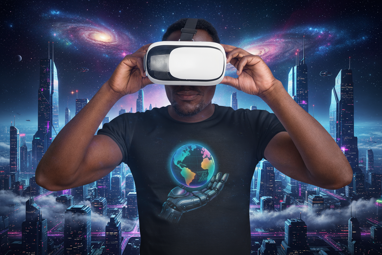 Adult wearing futuristic tee with vibrant sci-fi design holding virtual reality headset in futuristic cityscape background