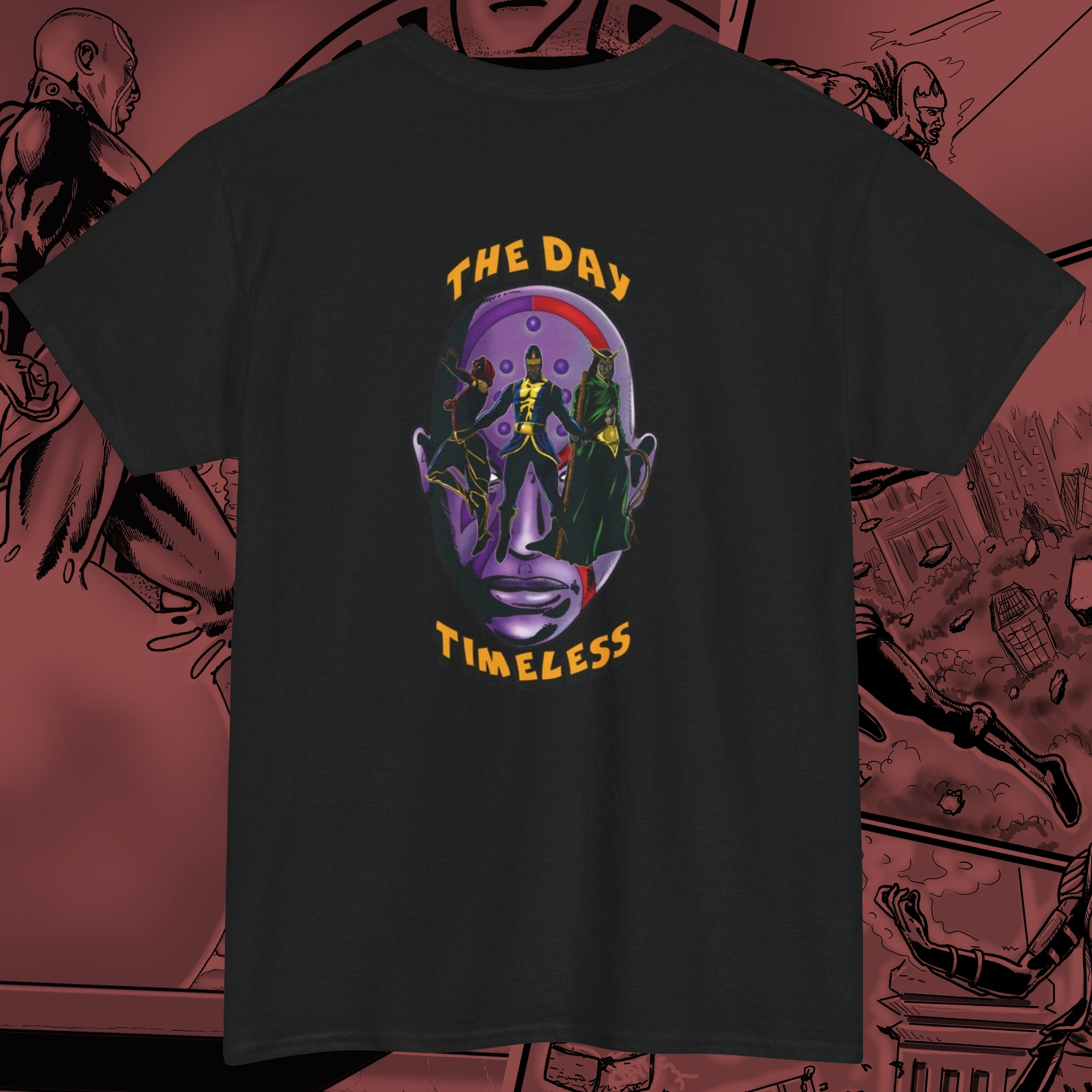 Back view of Comic Tee showing illustrated black fabric with high quality graphics