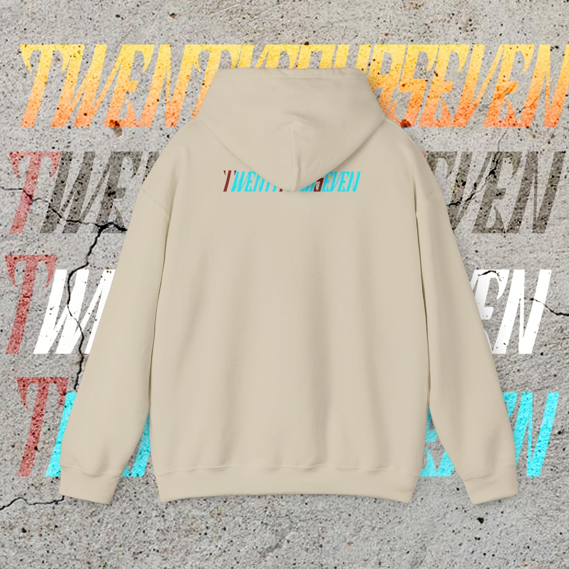 Back view of a beige stylish hoodie with Twentyfourseven logo and adjustable hood in streetwear style