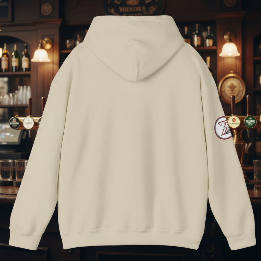 Back view of beige darts hoodie with adjustable hood and sleeve logo by 24/7 Unique Designs