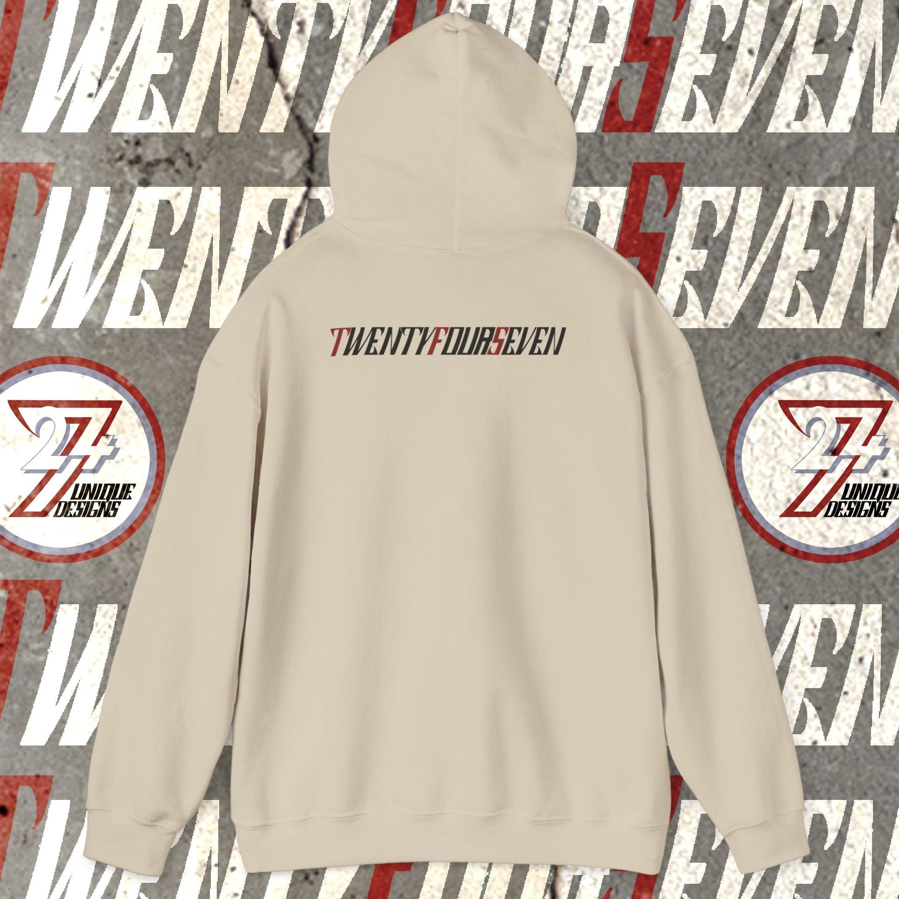 Beige printed hoodie with Twentyfourseven logo on the back, cotton-polyester blend, casual adult sweatshirt.