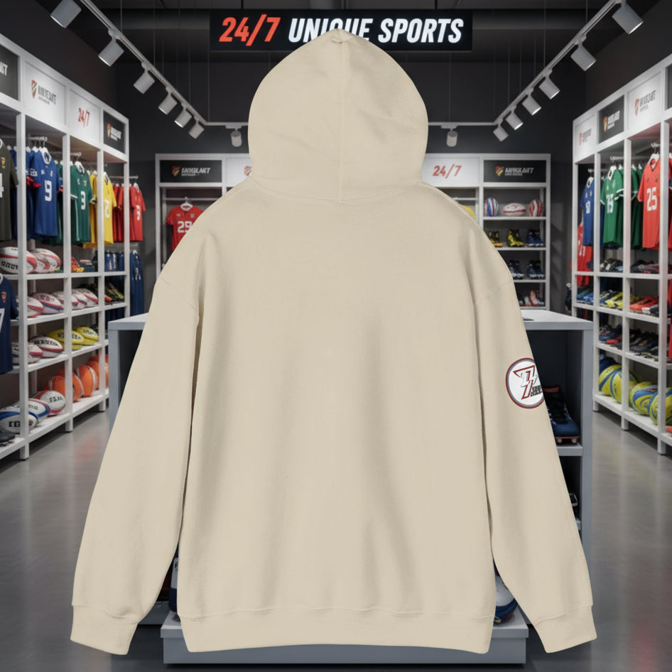 Back view of beige rugby hoodie sweatshirt with hand drawn design on sleeve, back view