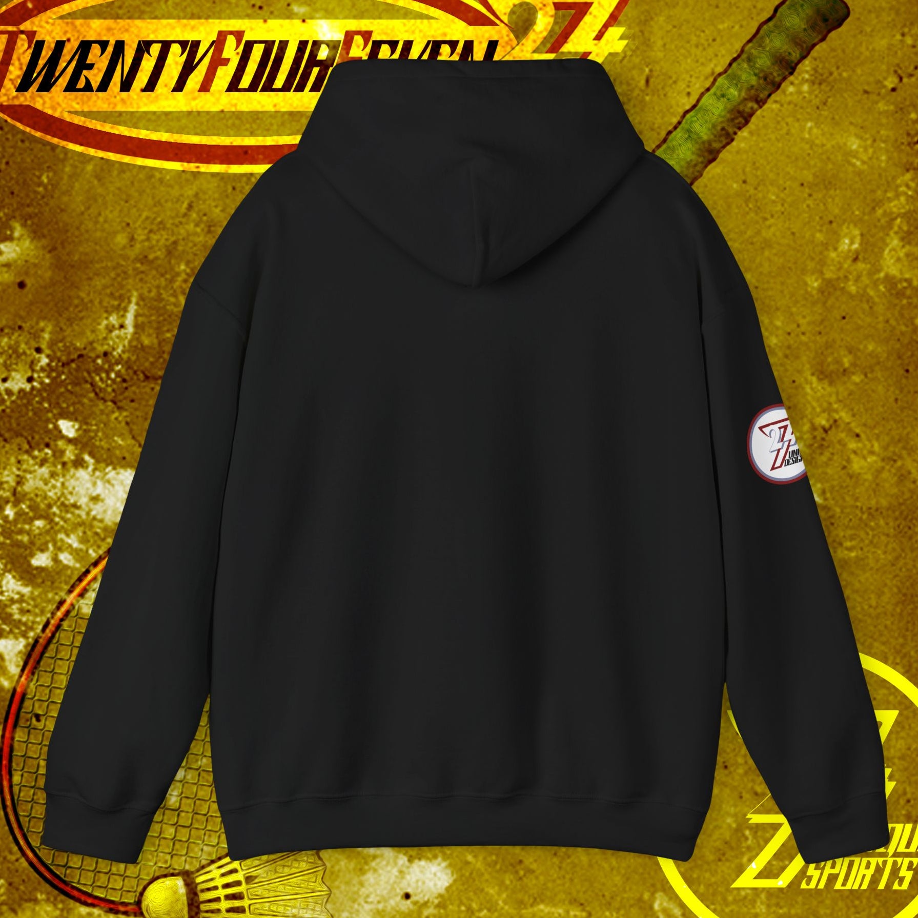 Back view of black badminton hoodie sweatshirt with adjustable hood and kangaroo pocket, ideal for outdoor sports and casual wear.