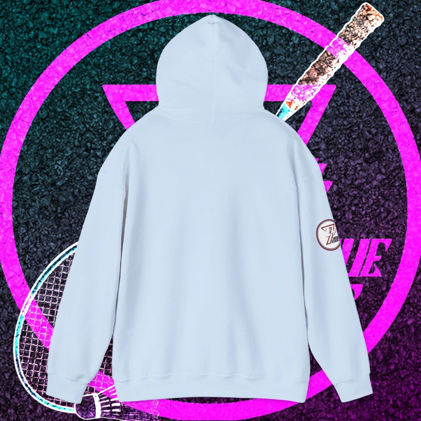Back view of light blue badminton hoodie sweatshirt with drawstring hood and kangaroo pocket, suitable for outdoor sports and casual wear
