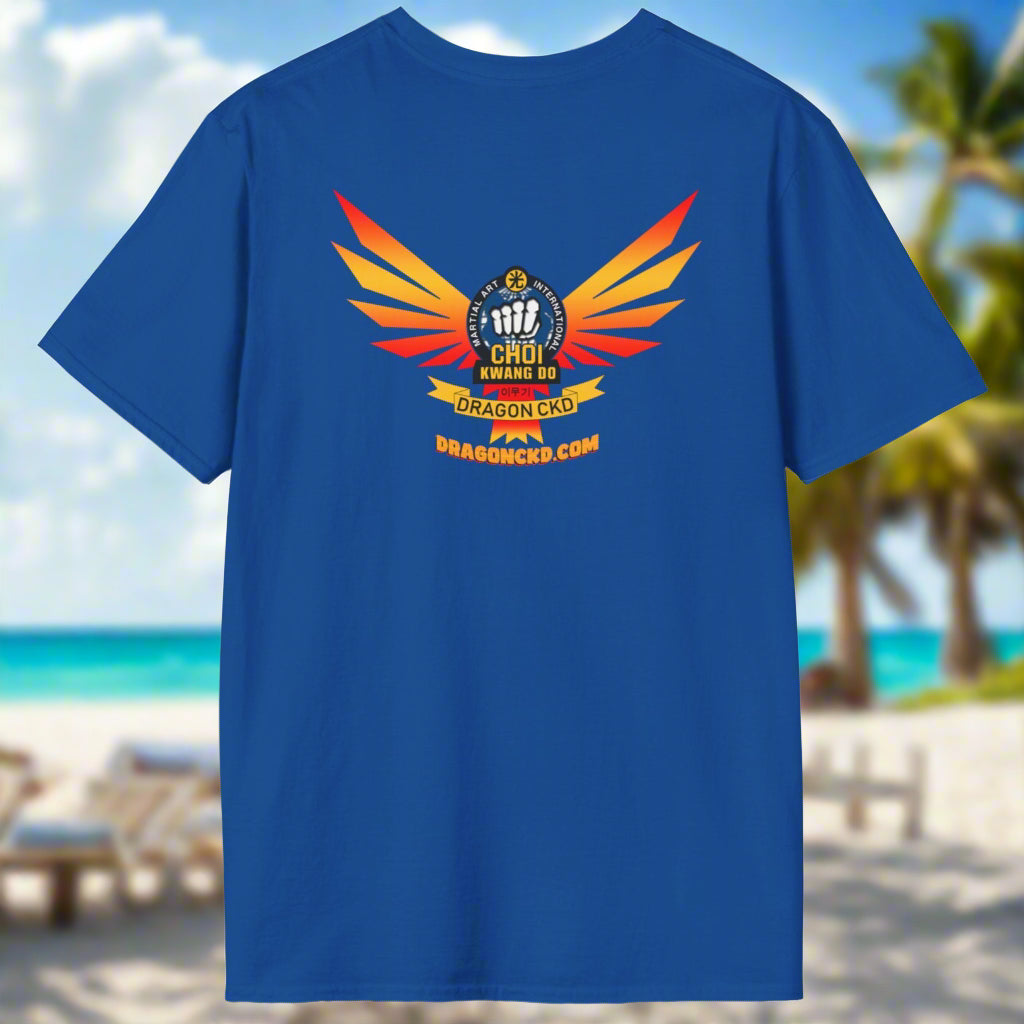 Back view of royal blue Choi Kwang Do Martial Arts T-Shirt with Dragon CKD logo