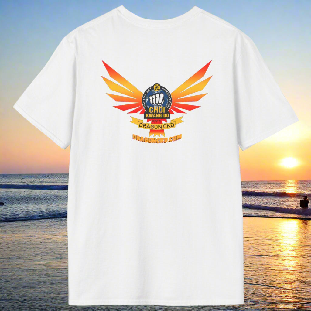 Back view of white Choi Kwang Do Martial Arts T-Shirt with Dragon CKD logo