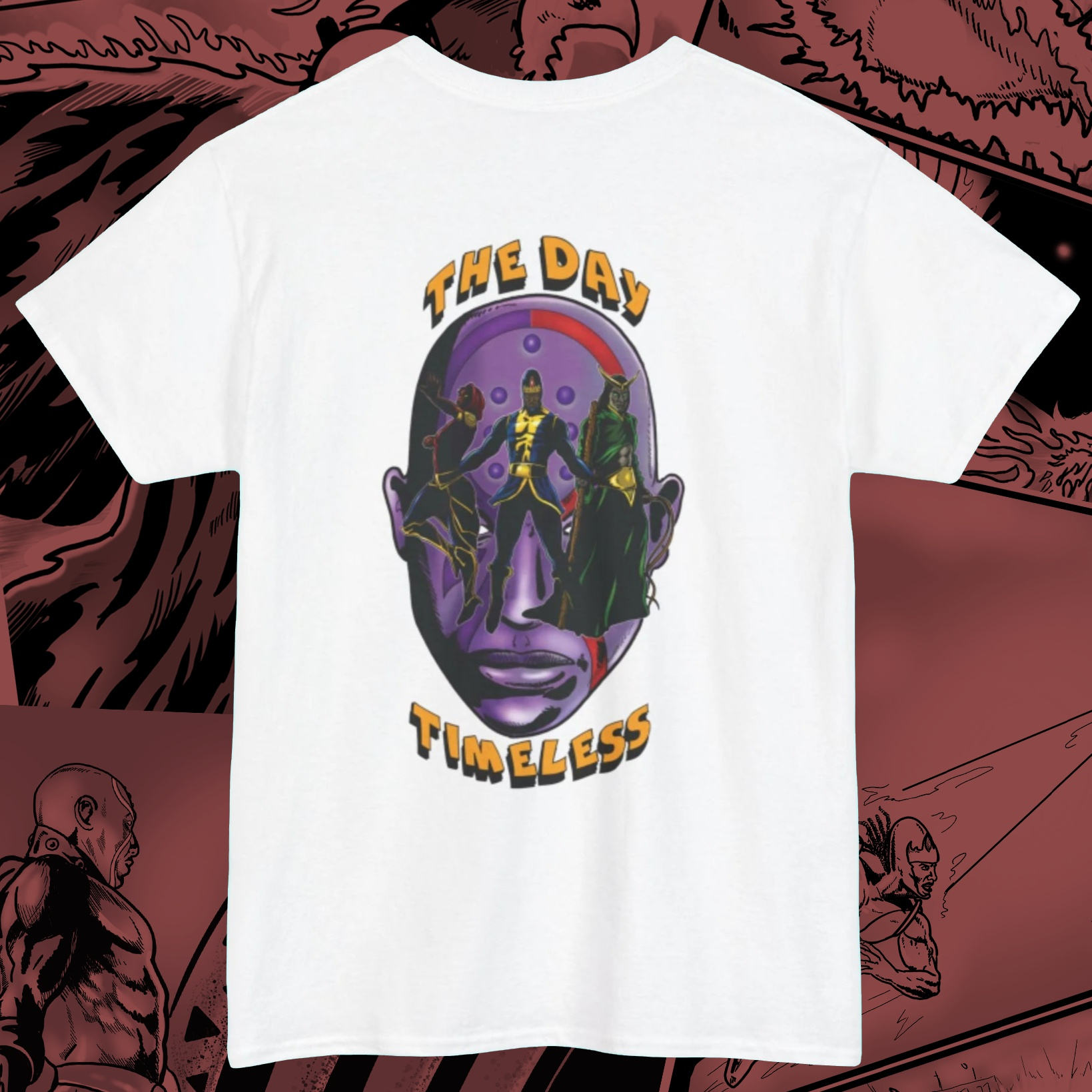 Back view of white Makadonia Comics t-shirt with its unique design comics style