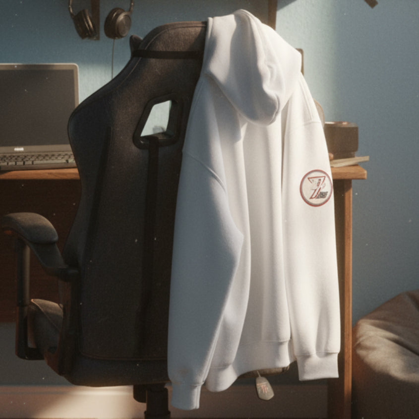 Back view of white darts hoodie with adjustable hood and kangaroo pocket, back view, comfortable cotton-polyester blend sweatshirt