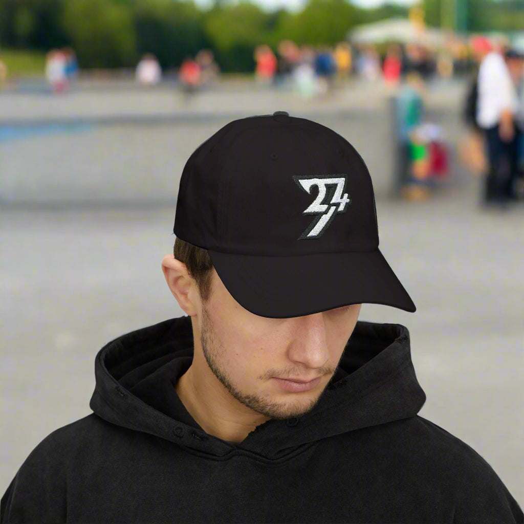 Baseball Cap Classic Dad Cap embroidered hat 24/7 Unique Designs black on person