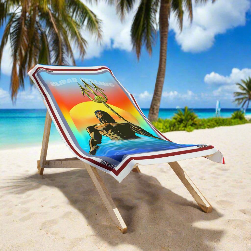Beach Towel featuring Unique Greek God Illustration - Original Poseidon Design on Beach