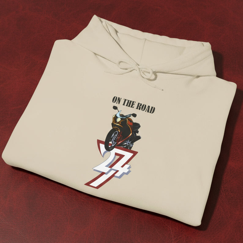 Beige bike hoodie with "On The Road" motorcycle design and 24/7 logo print