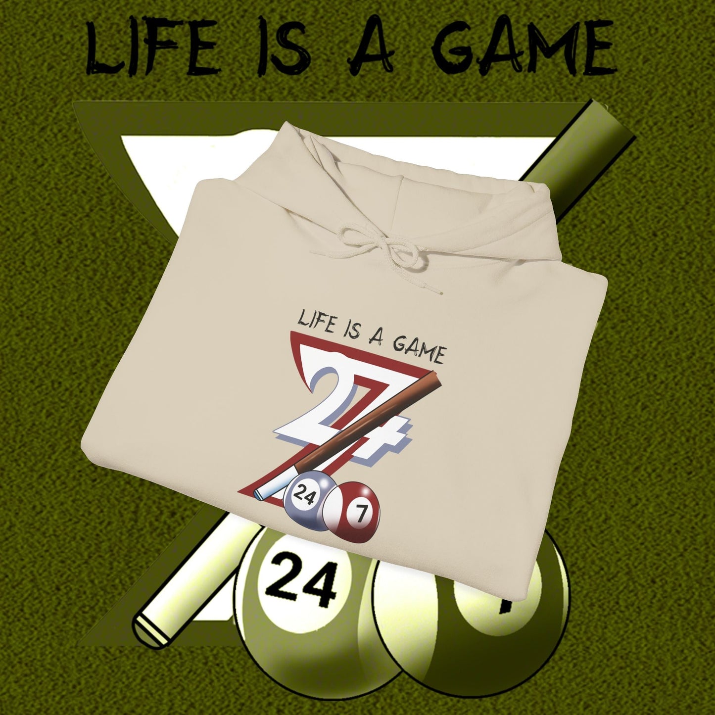 Beige billiards hoodie with "Life is a Game" hand-drawn pool design featuring billiard balls and cues.