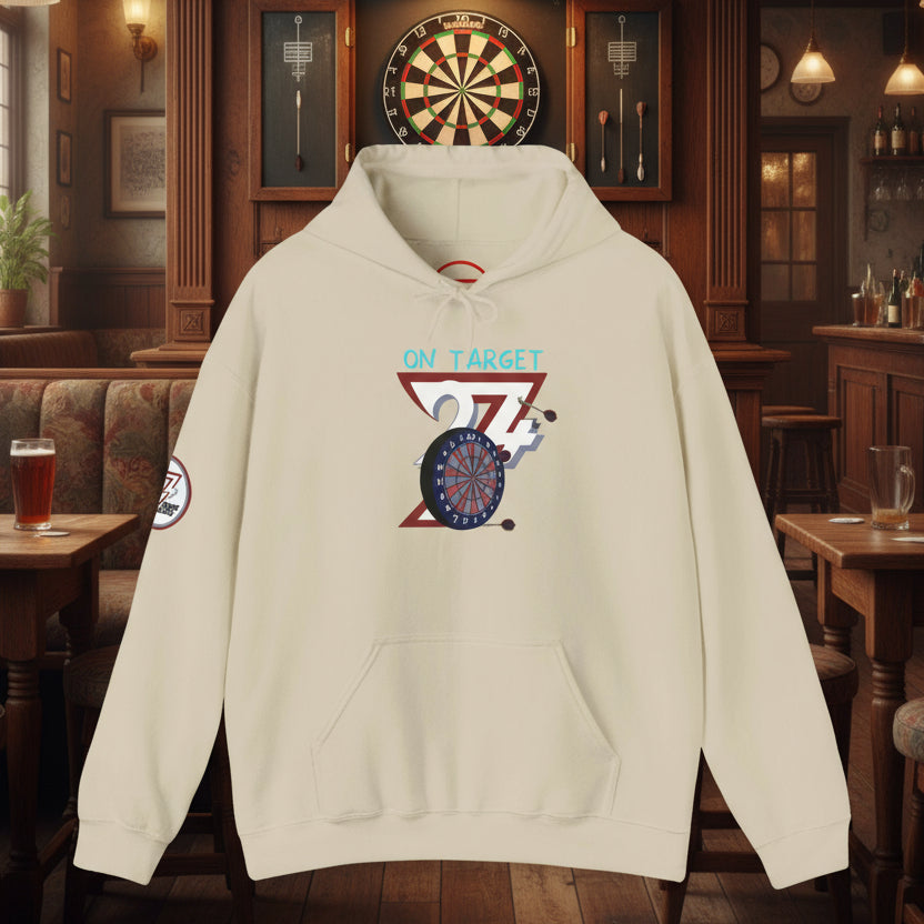 Beige darts hoodie with hand-drawn dartboard and "On Target" illustration, kangaroo pocket and adjustable hood.