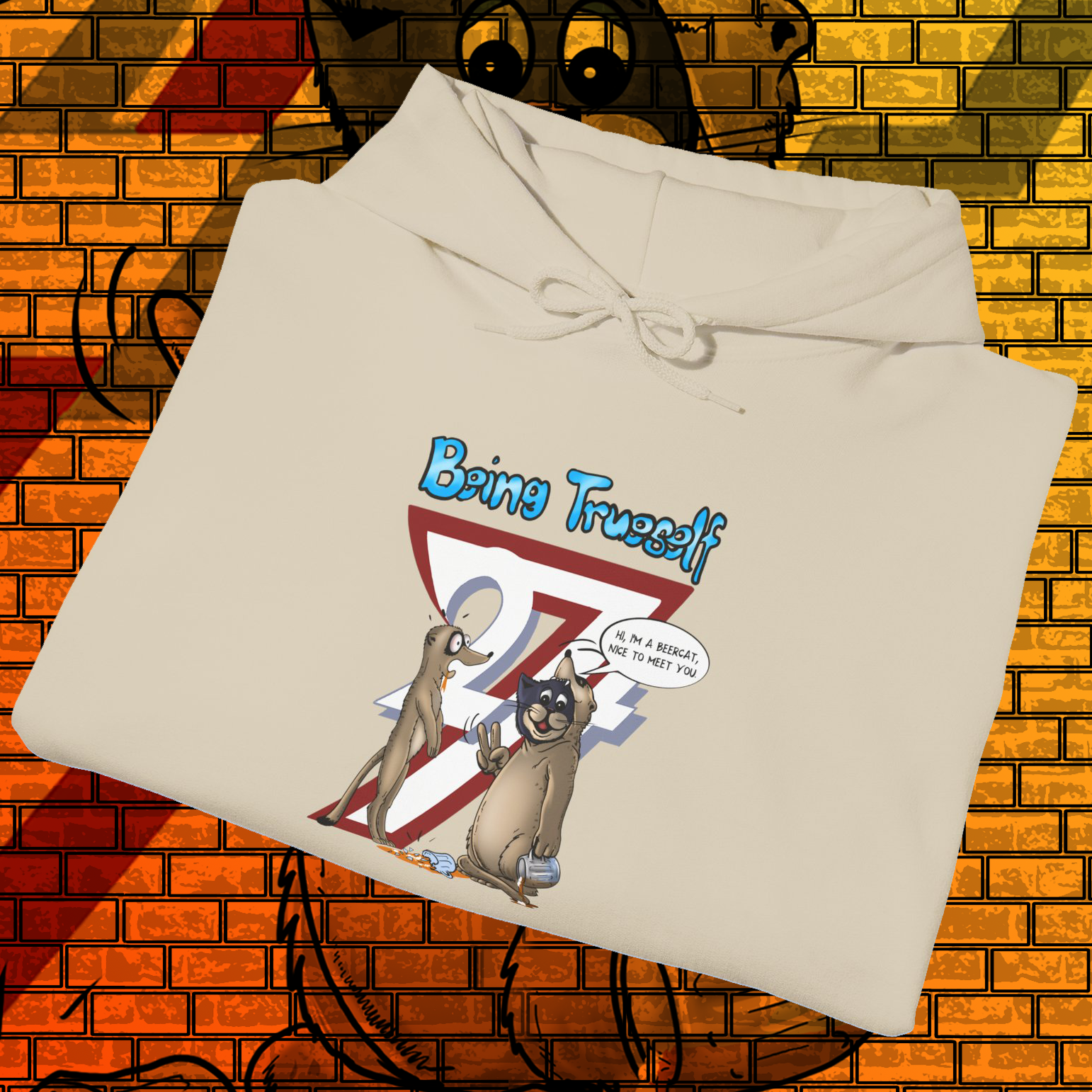 Beige hoodie with cartoon meerkat and cat design saying "Being True-Self" with kangaroo pocket and adjustable hood