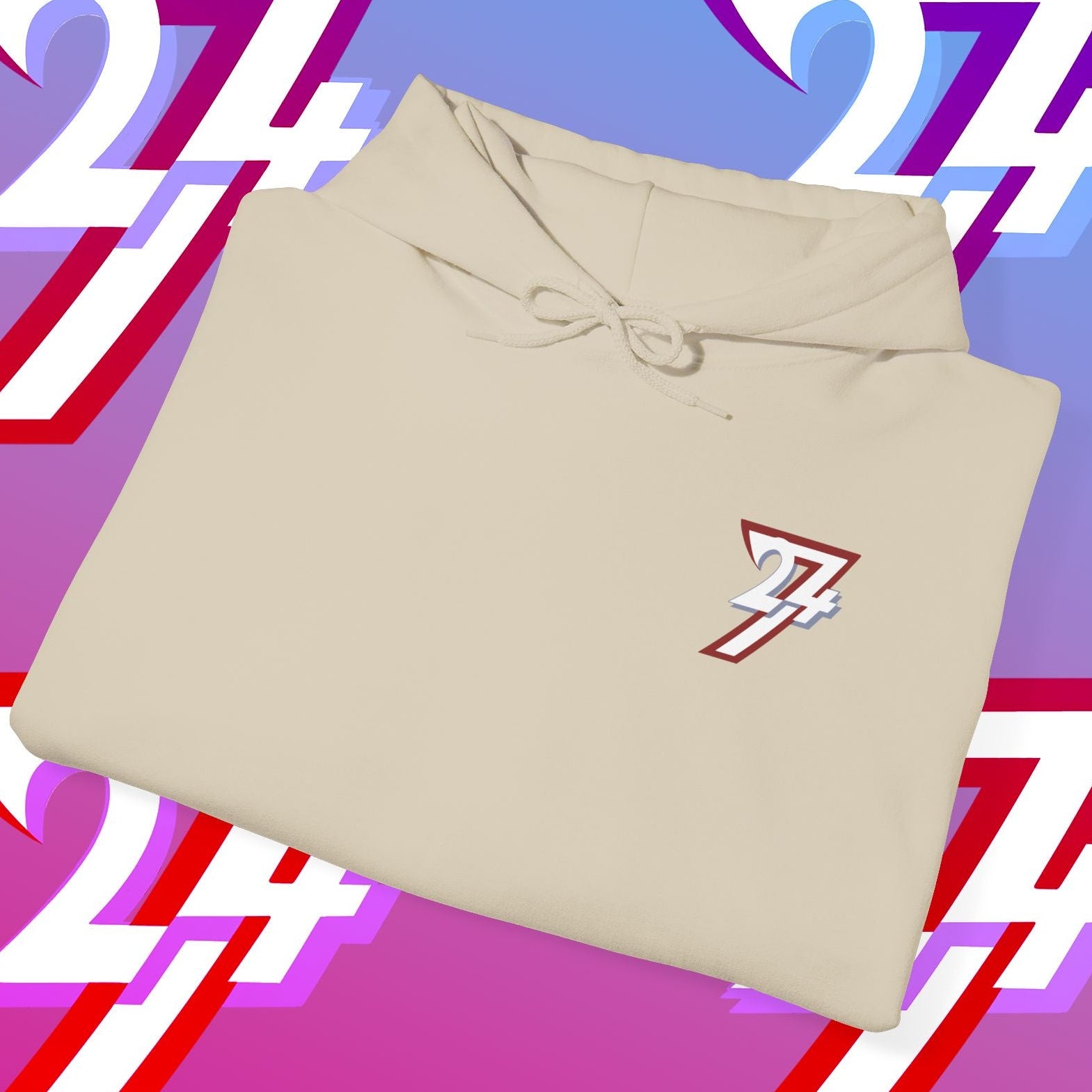 Beige printed hoodie with twentyfourseven 24/7 logo on chest, folded on purple-pink gradient background with 24/7 design accents