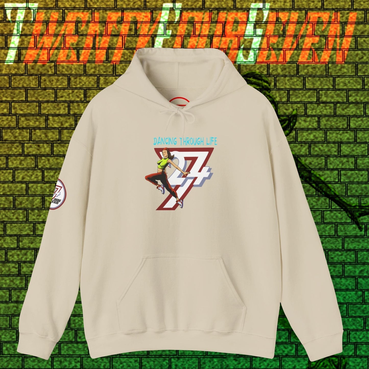 Beige street dance hoodie for women with colorful hand-drawn dance illustration and kangaroo pocket.