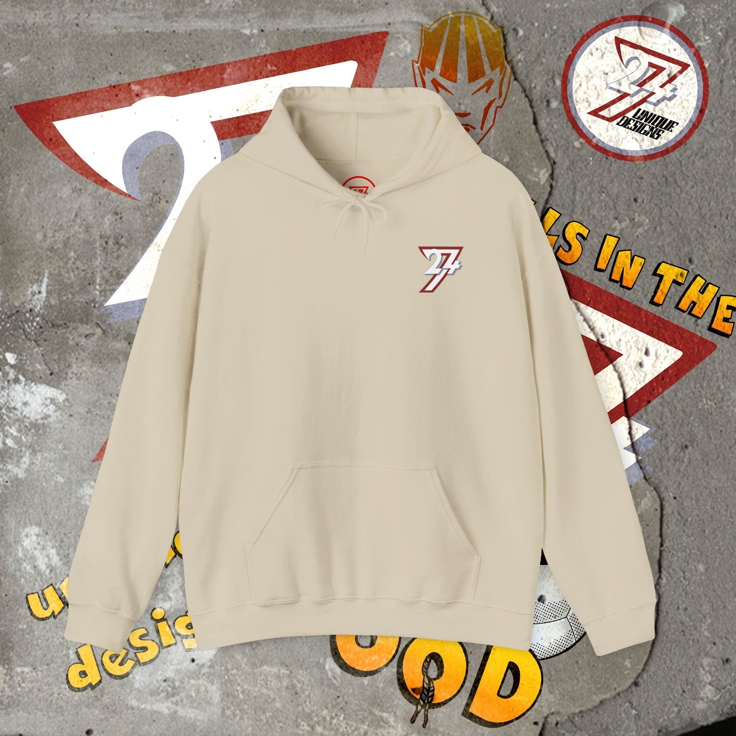 Beige stylish hoodie with Twentyfourseven logo, kangaroo pocket, adjustable hood, and streetwear design