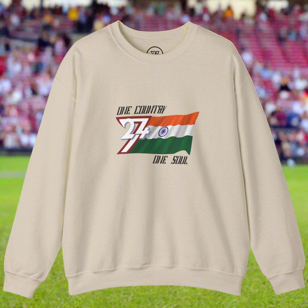 Beige sweatshirt with India flag design and "One country one soul" slogan on chest, unisex casual wear