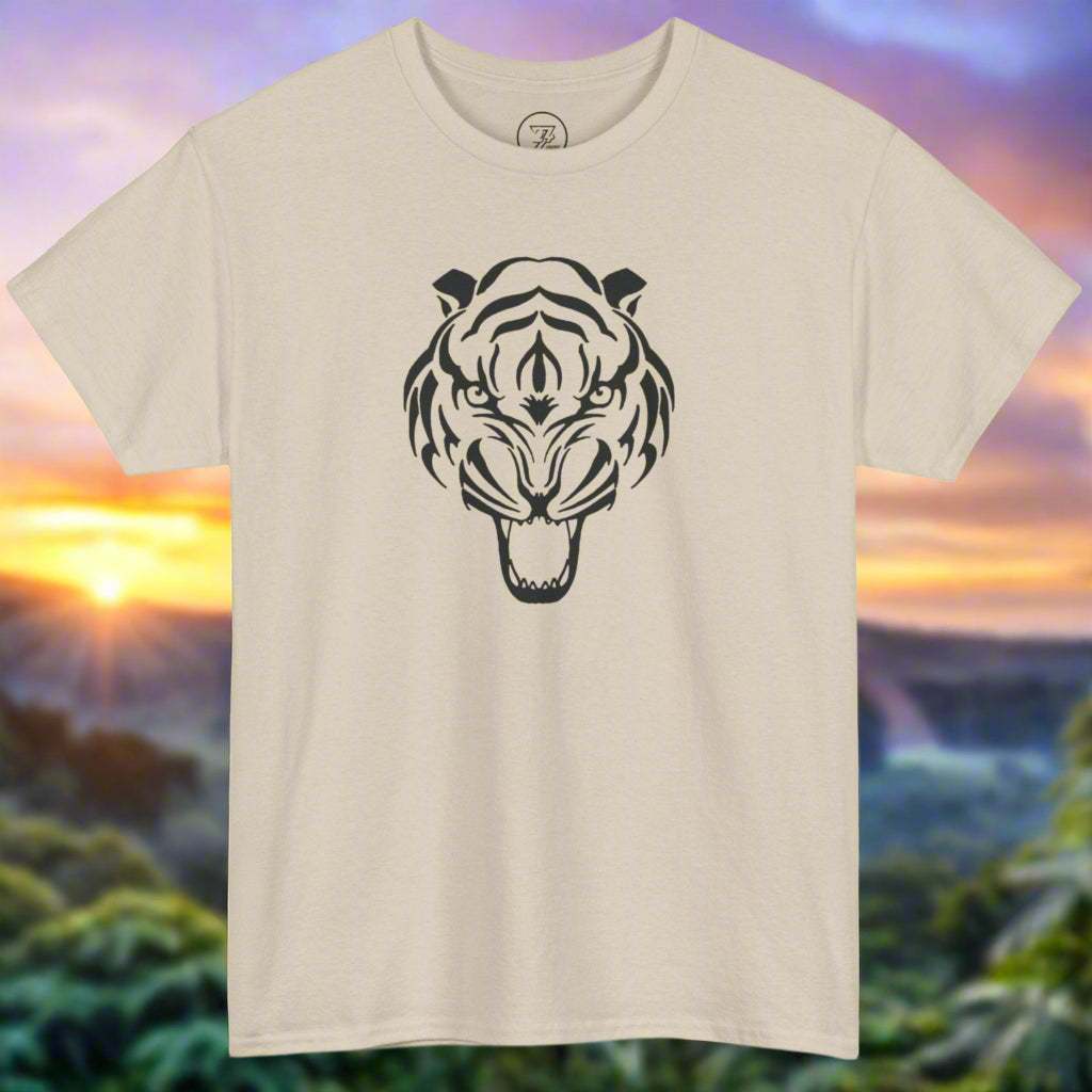 Unisex beige t-shirt featuring a bold black tiger head design, perfect for martial arts and casual wear.