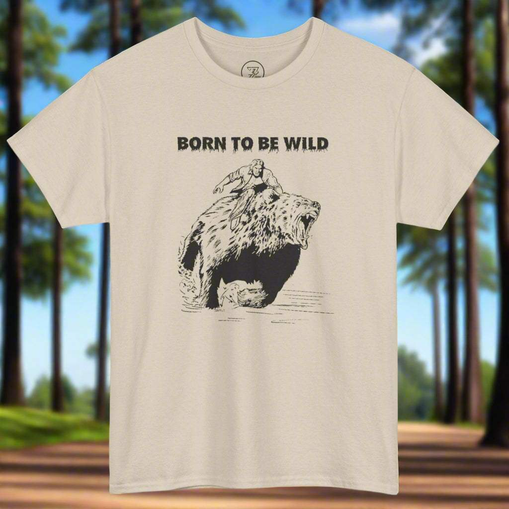 Bear on t-shirt with "BORN TO BE WILD" text.