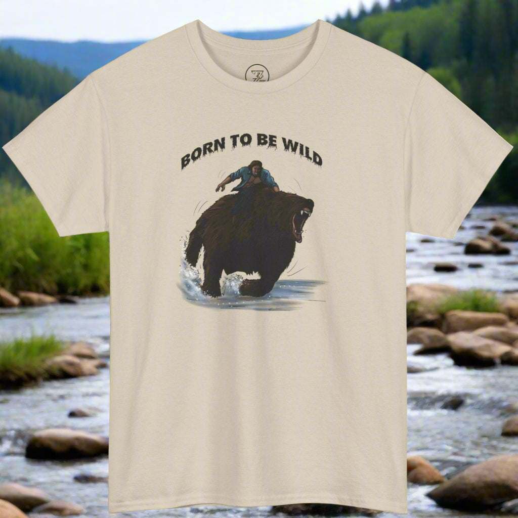 Vintage style bear shirt with comic design and "Born to be Wild" text on cream tee