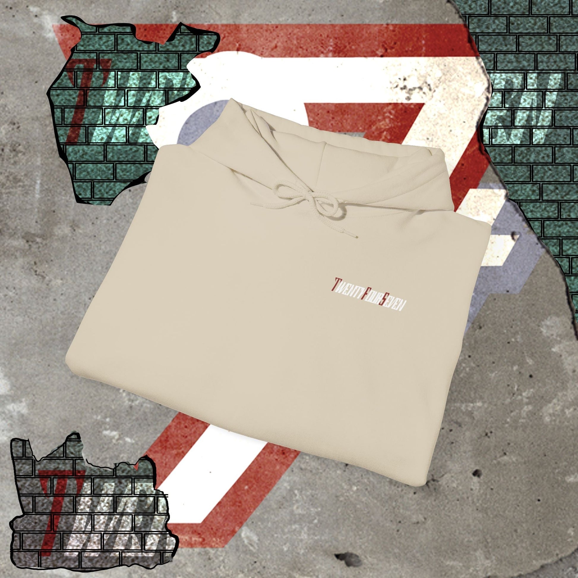 Beige unique printed hoodie with Twentyfourseven logo, cozy fabric and adjustable hood, laid on textured graphic background.