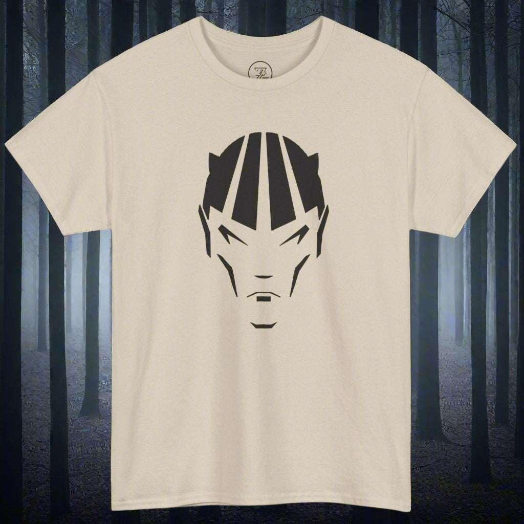 Beige unisex heavy cotton devil shirt with black Dablo comic character face design.