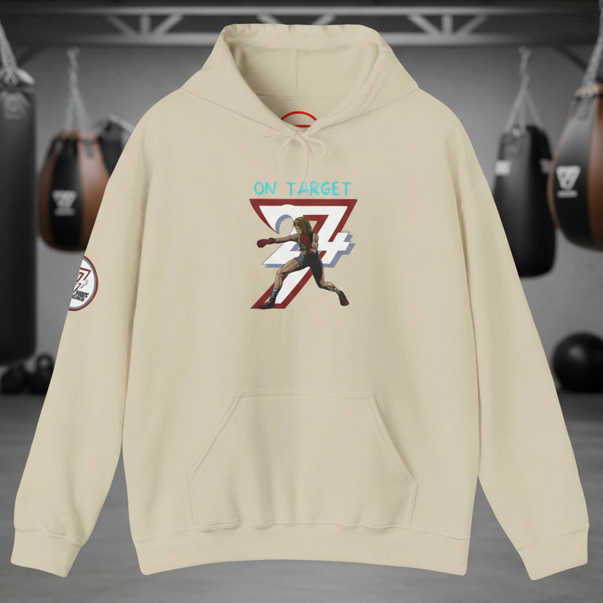 Beige women's boxing hoodie with feminine boxer illustration, adjustable hood, and kangaroo pocket for outdoor training and streetwear.