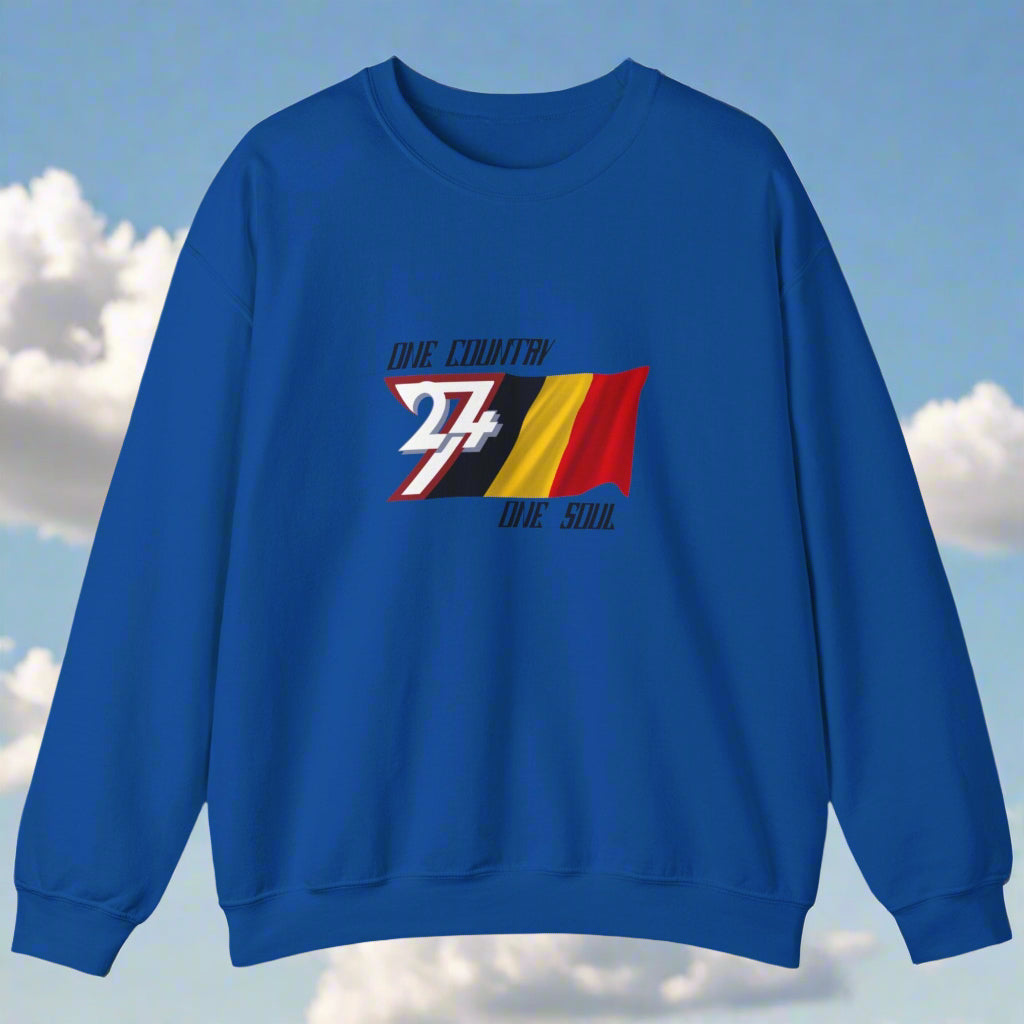 Belgium Sweatshirt in royal blue with Belgian flag illustration - front perspective