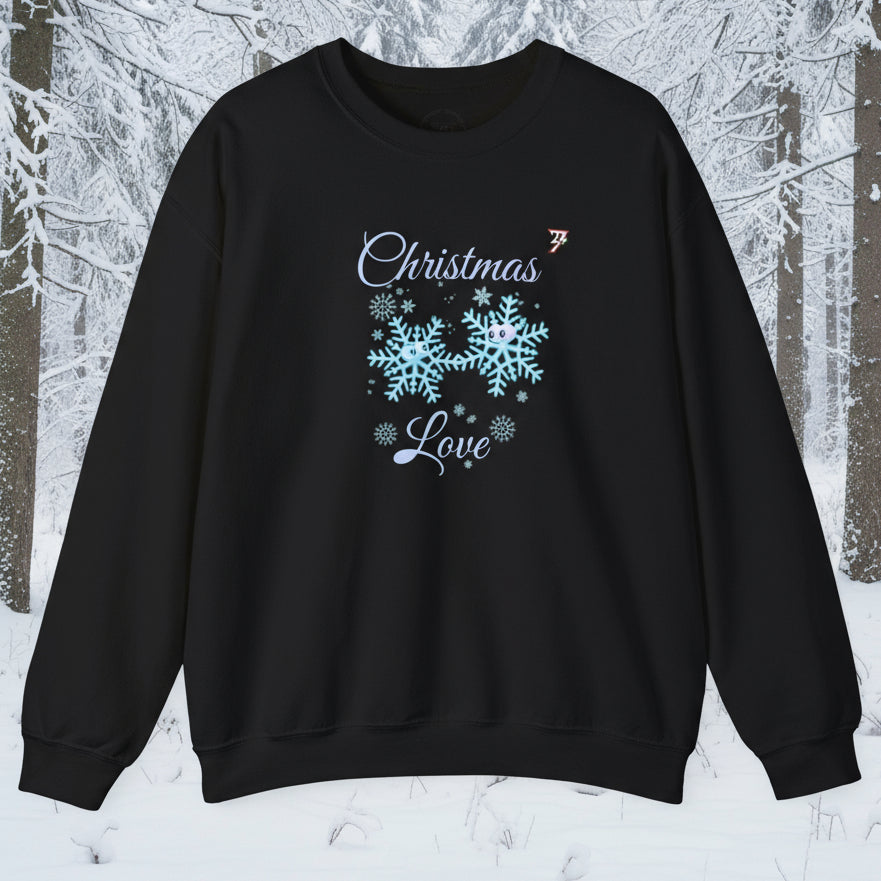 Black Christmas sweatshirt with blue snowflakes and "Christmas Love" text, cozy festive jumper for adults