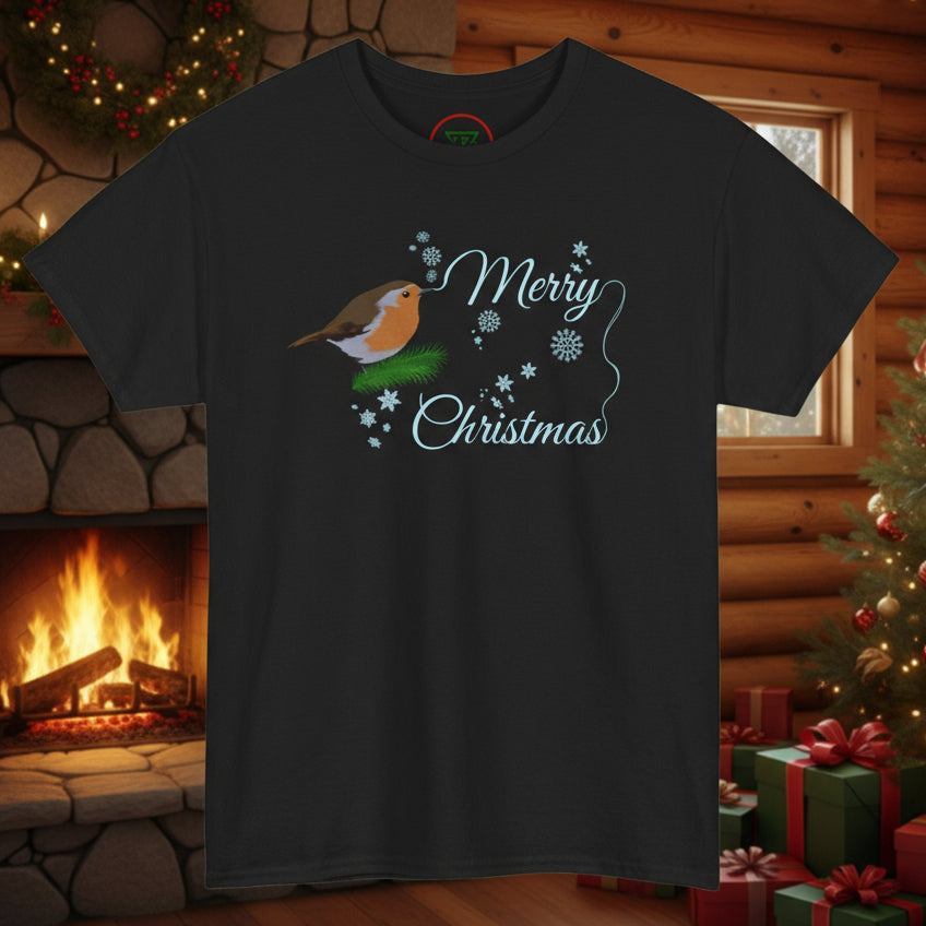 Black Christmas tee with hand-drawn robin and "Merry Christmas" text festive design