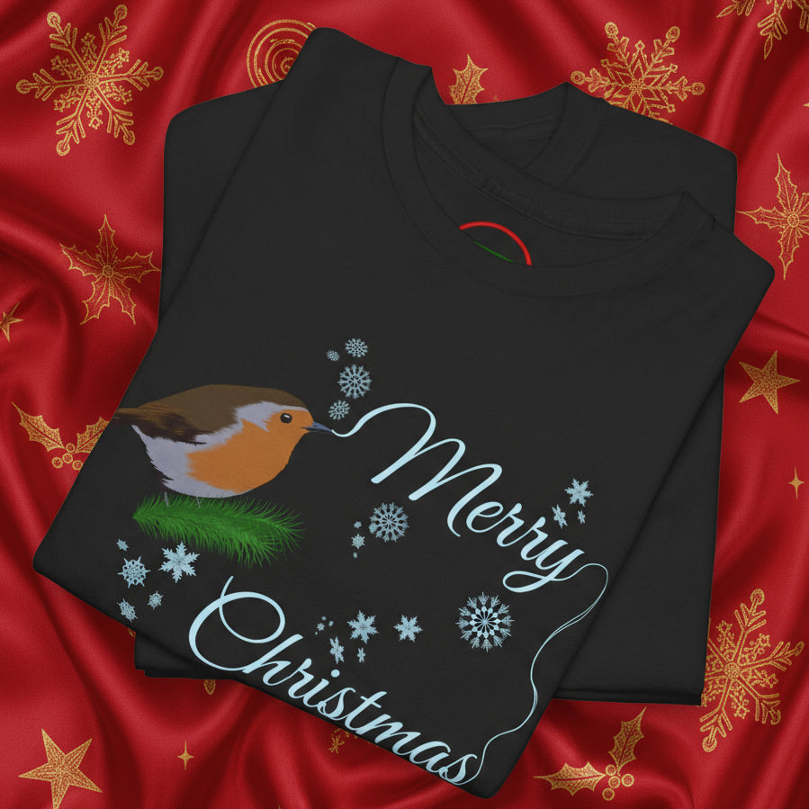 Black Christmas tee with hand-drawn robin and "Merry Christmas" text festive design