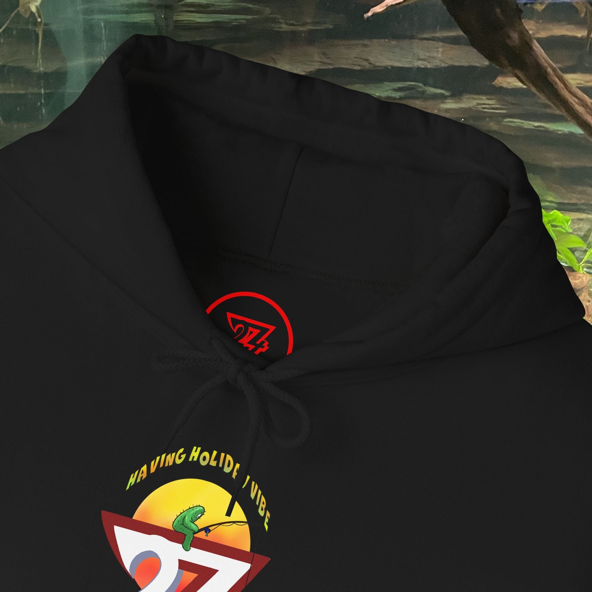 Black Funny Fishing Hoodie with colorful fishing cactus graphic and summer holiday vibe design