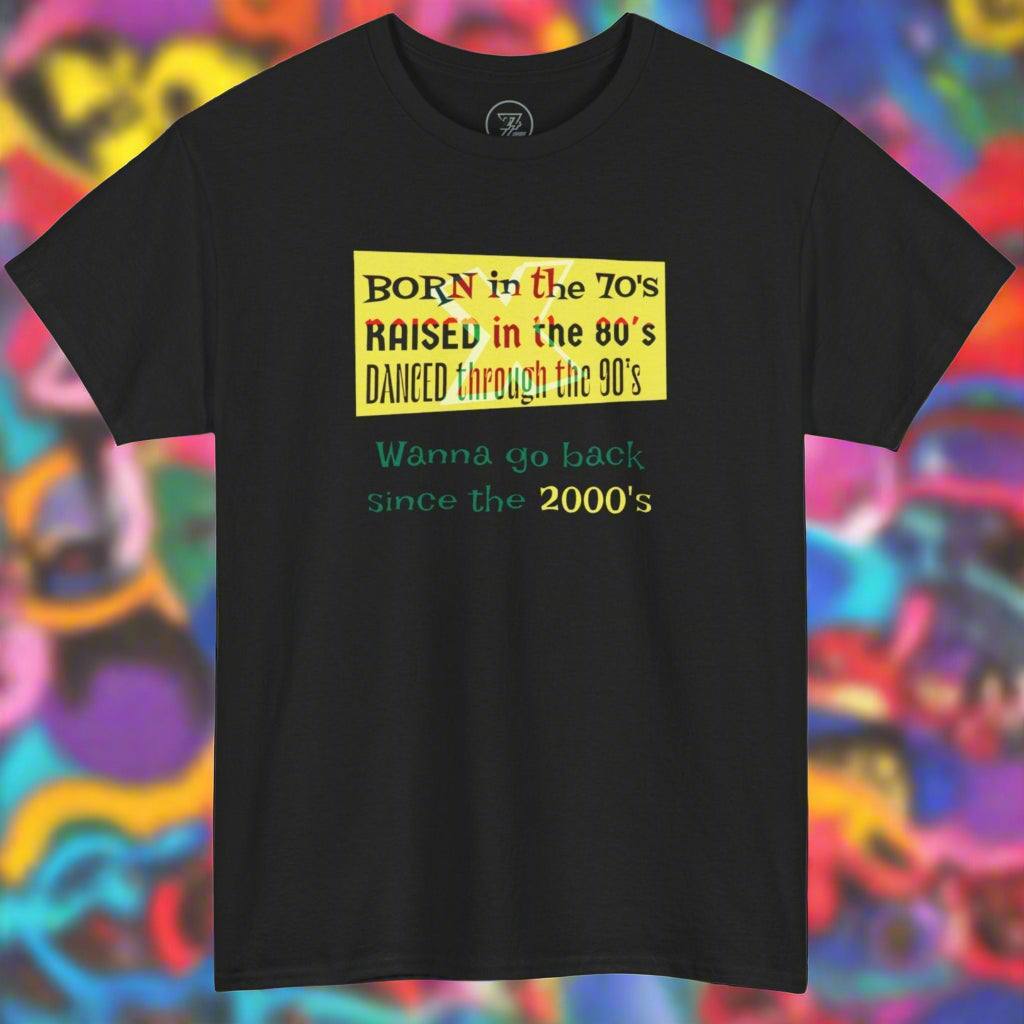 Black retro Gen-X tee with nostalgic 70s, 80s, 90s text design by 24/7 Unique Designs