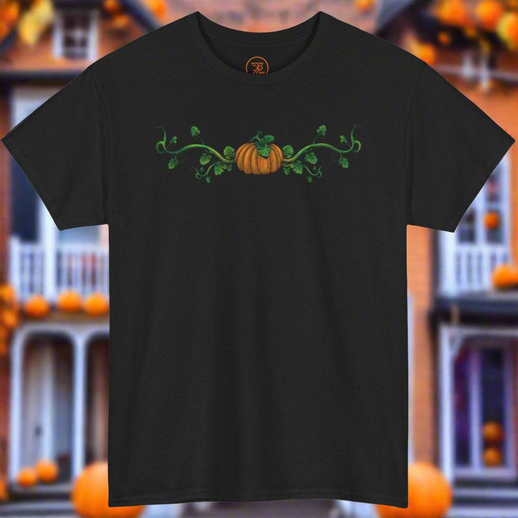 Black Halloween Pumpkin T-Shirt with hand drawn orange pumpkin and green vines design for adults